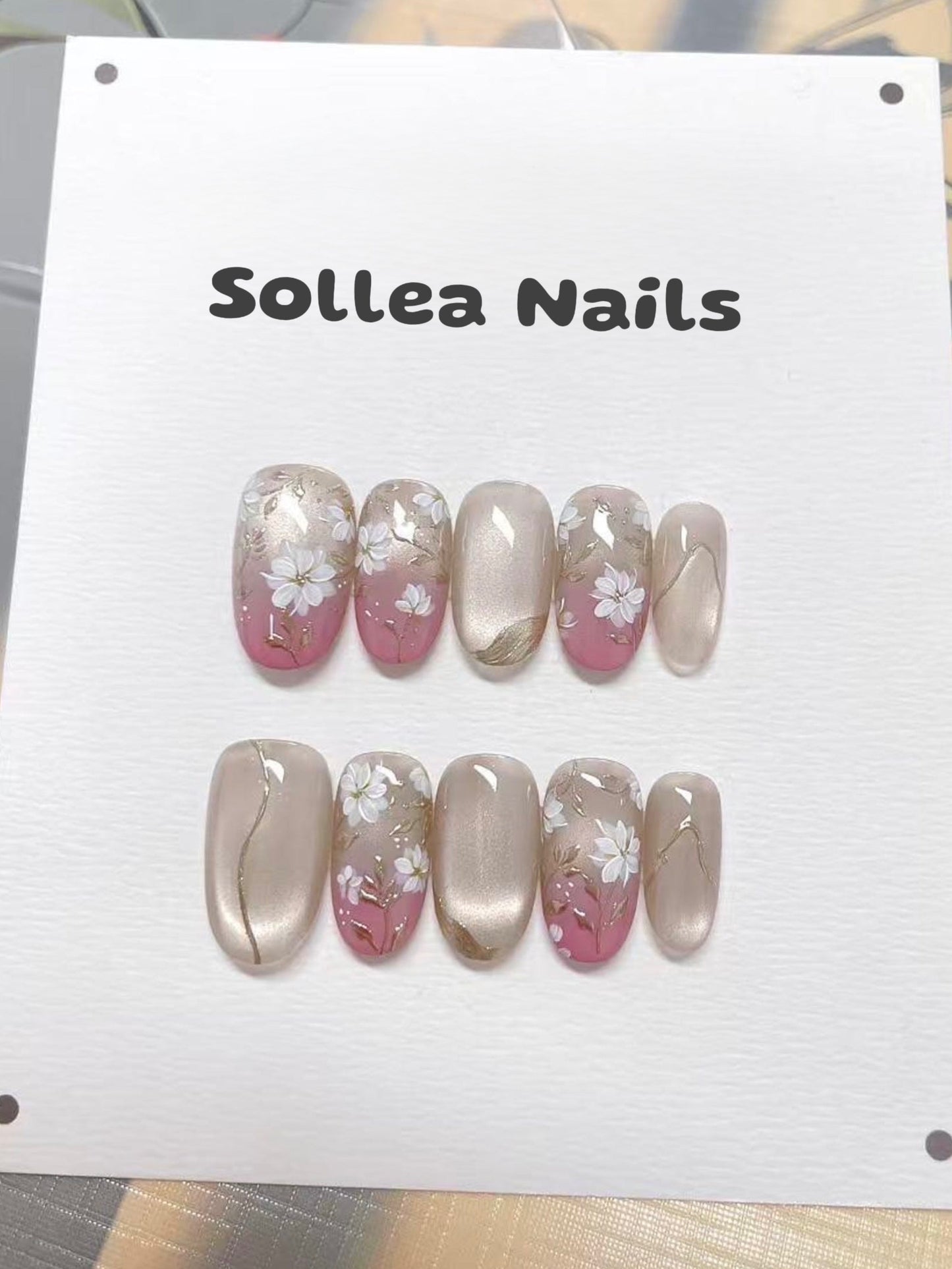 Pink Beige Floral Nails