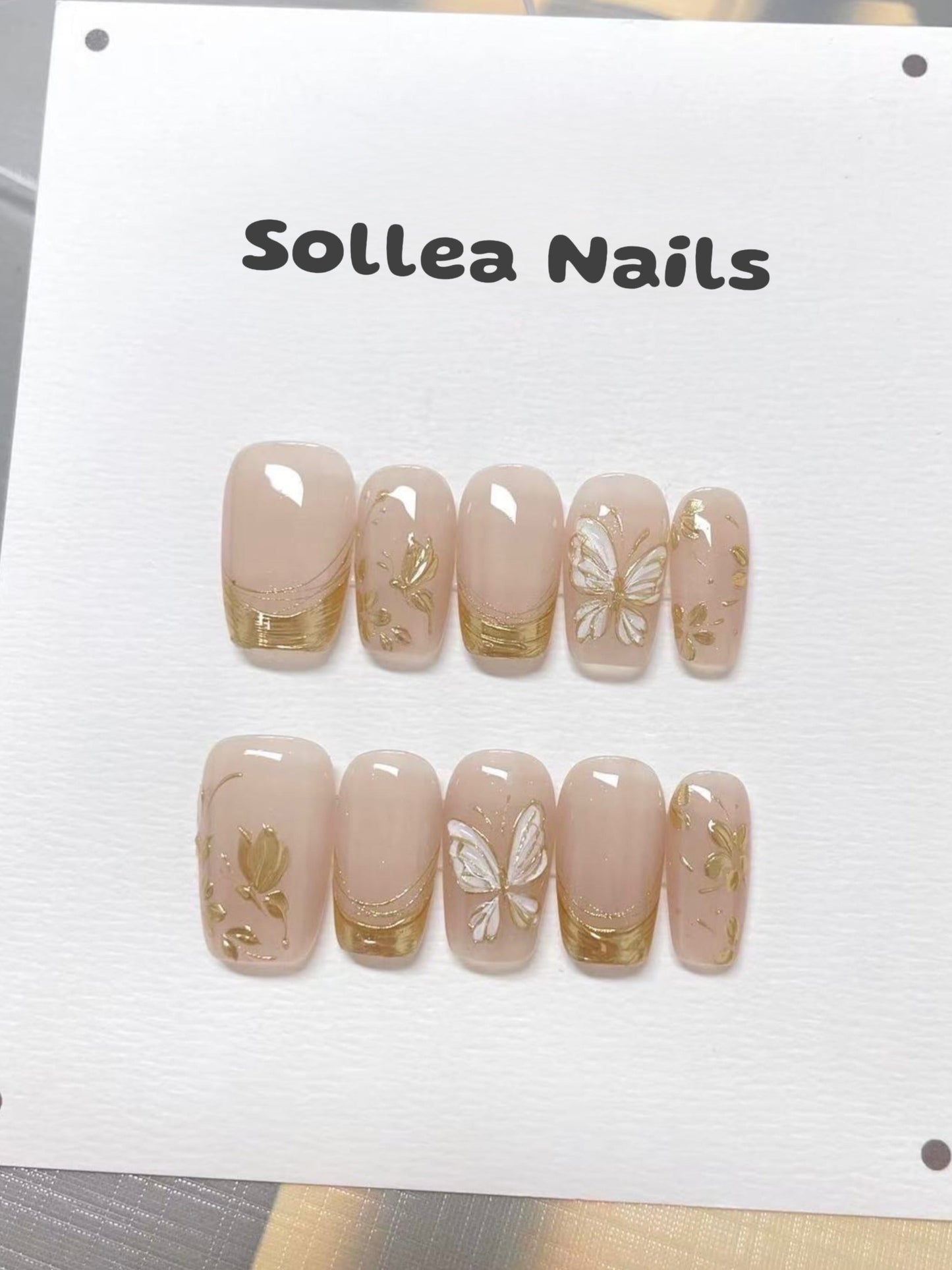 Nude Nails with Gold Butterflies