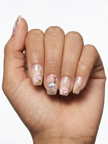 Nude Crane Peony Nails