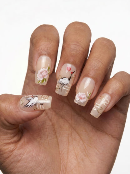 Nude Crane Peony Nails