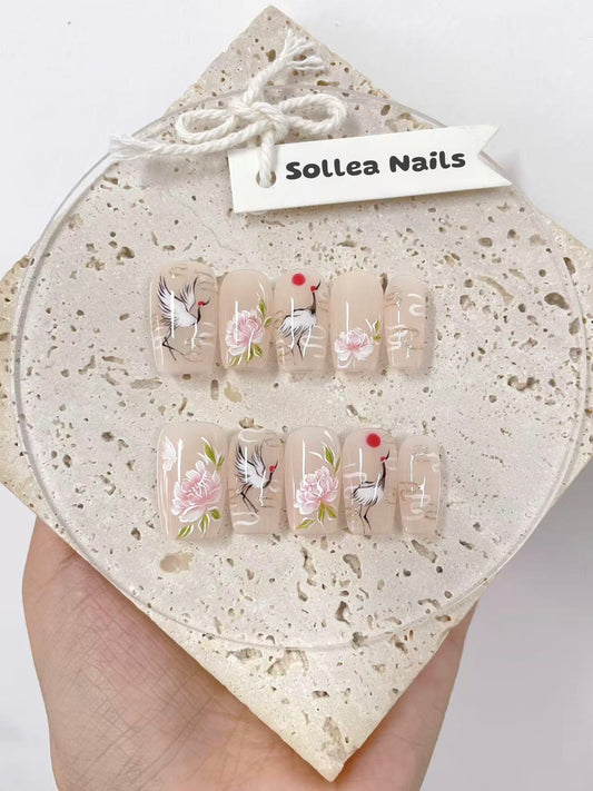 Nude Crane Peony Nails