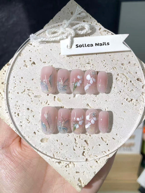 Blush White Floral Nails