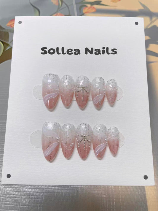 White Pink Pearls Nails