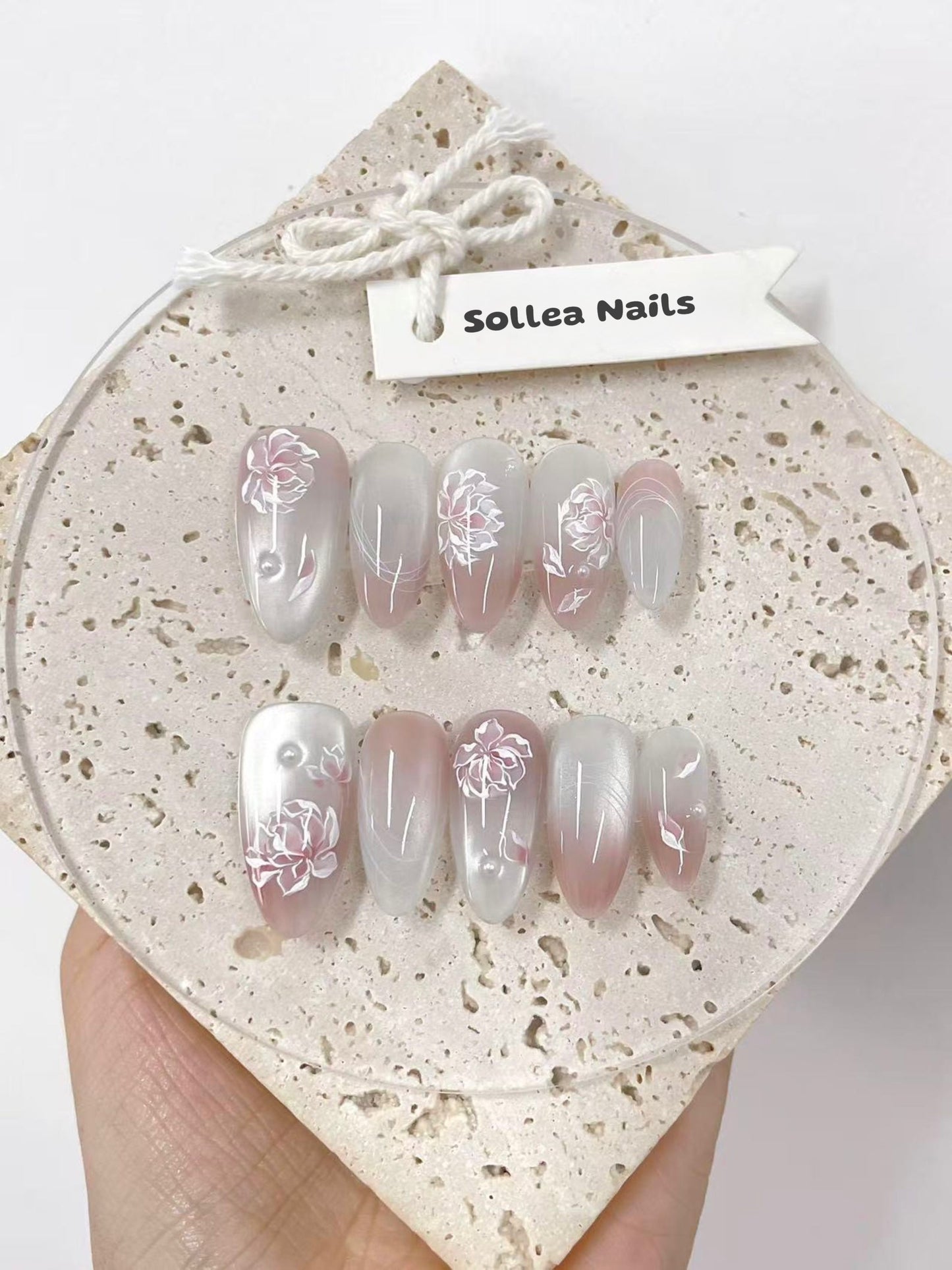 Pink White Floral Nails