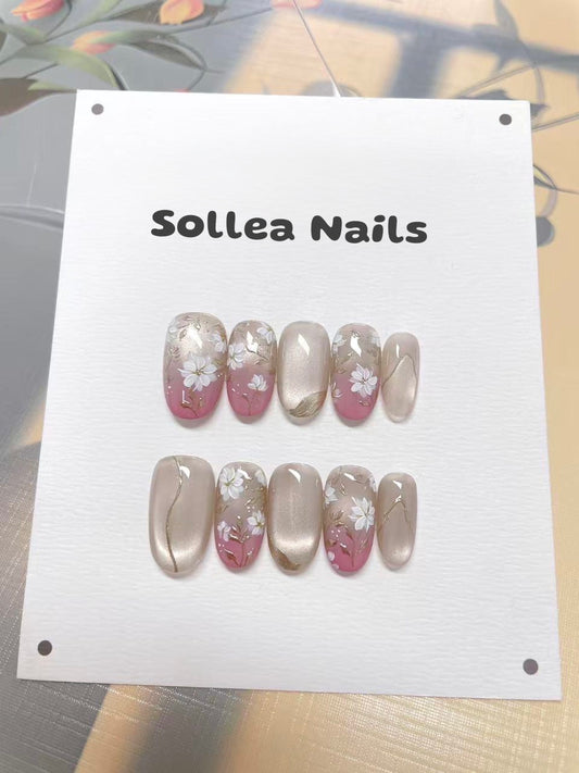 Pink Beige Floral Nails