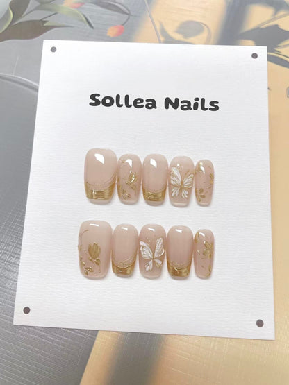 Nude Nails with Gold Butterflies