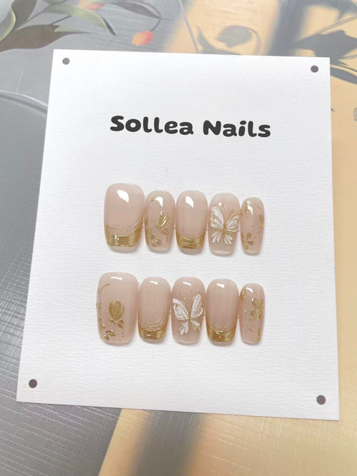 Nude Nails with Gold Butterflies