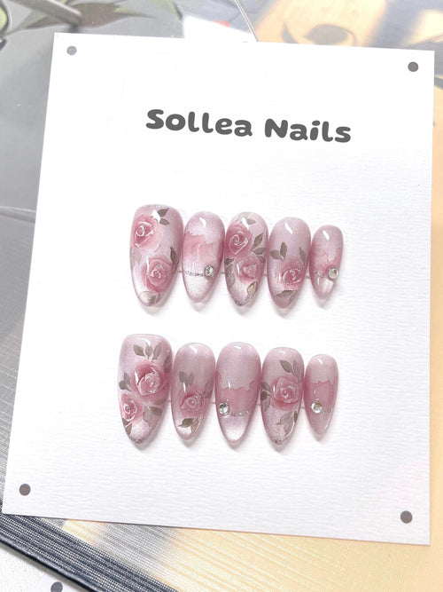 Pink Rose Rhinestone Nails