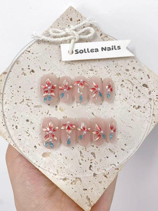 Red and Gold Floral Nails