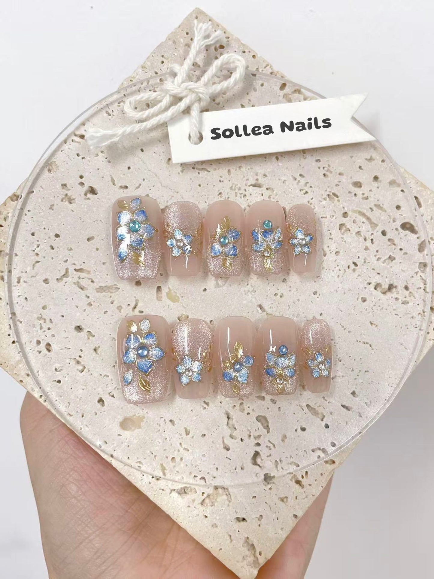 Blue Floral Glitter Nails