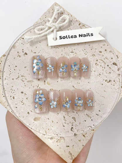 Blue Floral Glitter Nails