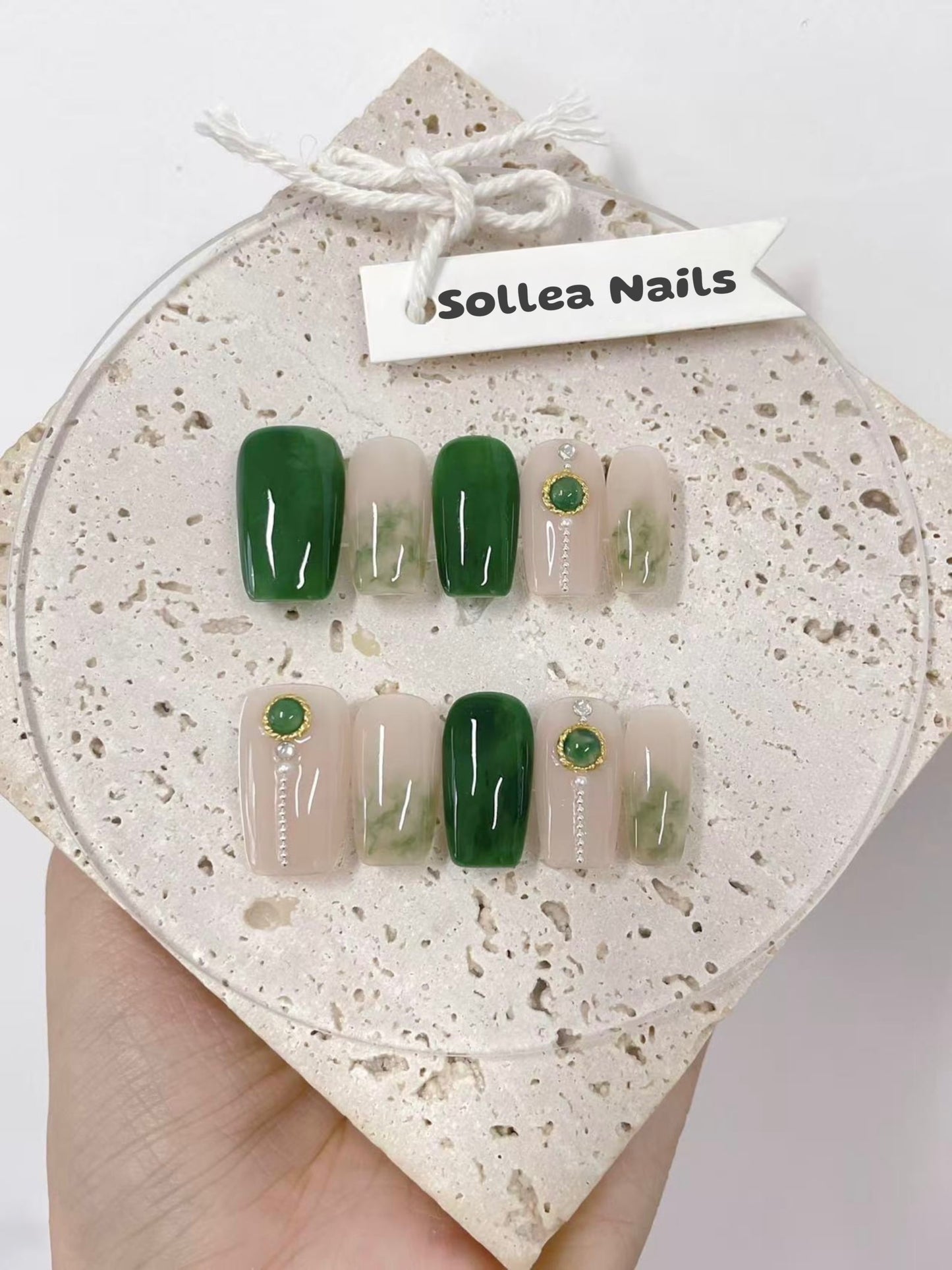 Green Marble Gem Nails