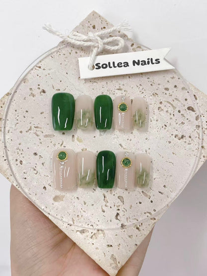 Green Marble Gem Nails