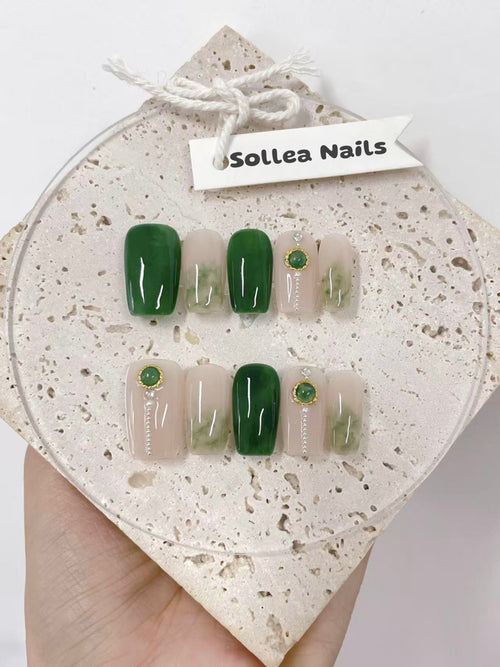 Green Marble Gem Nails