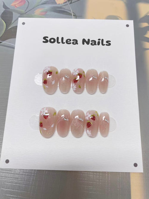 Strawberry Floral Nude Nails