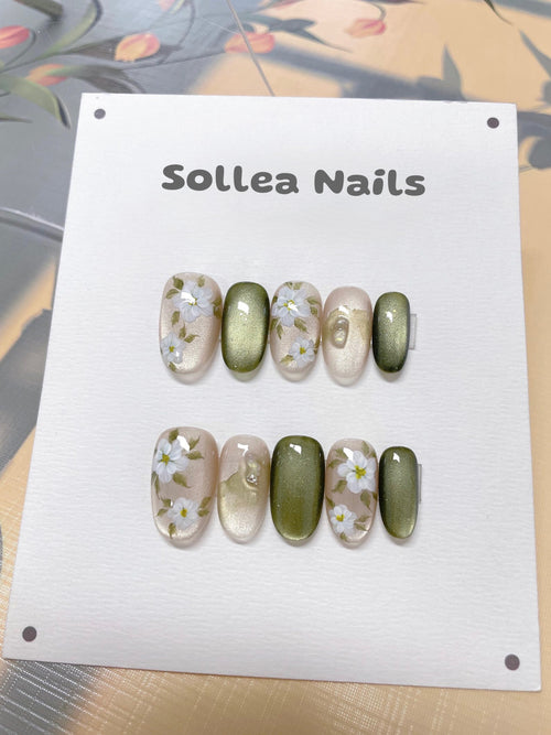 Green Pearl Florals Nails