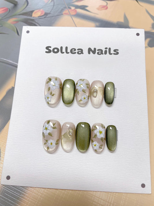 Green Pearl Florals Nails