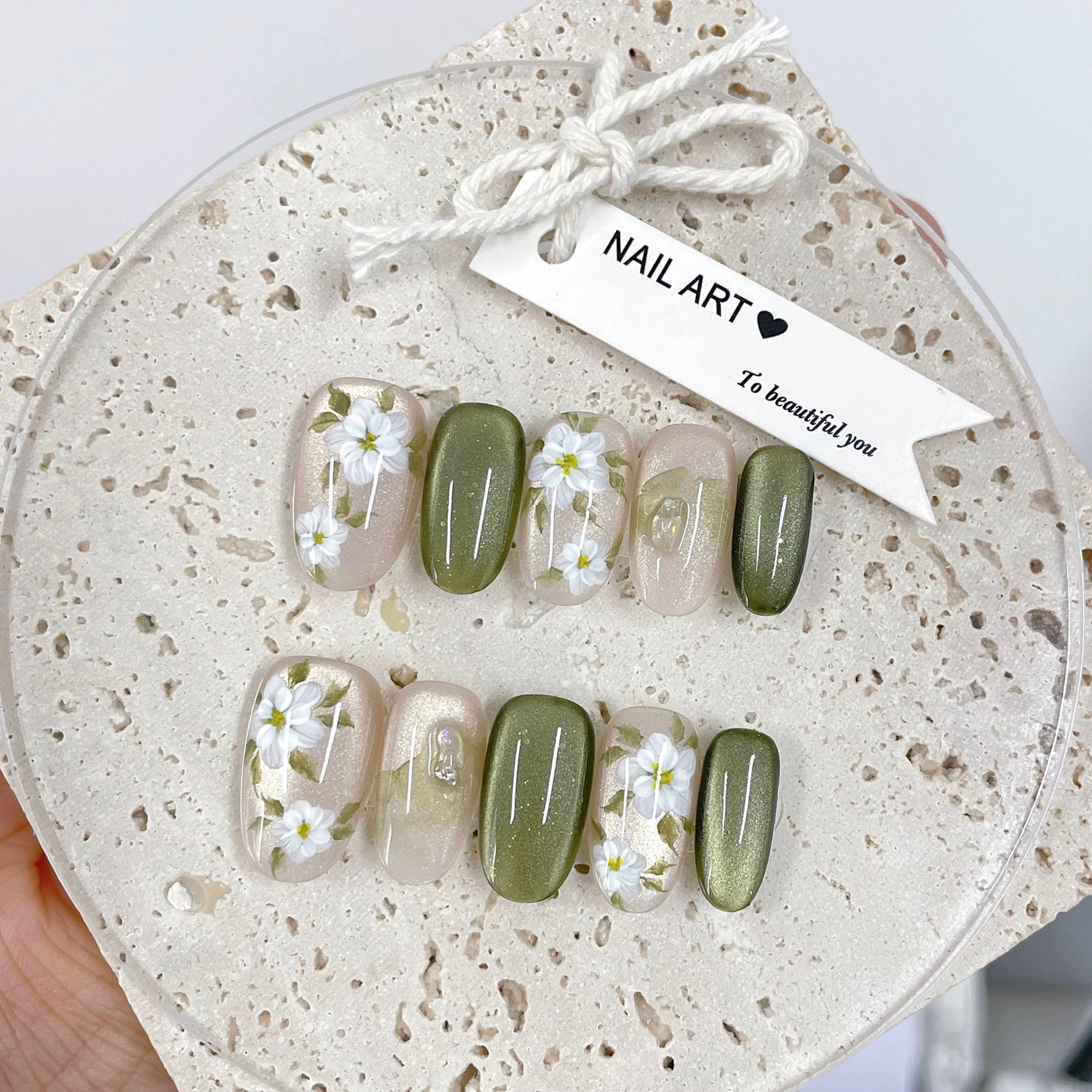 Green Pearl Florals Nails